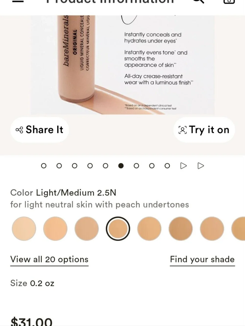 NEW Full Size bareMinerals Liquid Mineral Concealer — Light/Med 2.5N